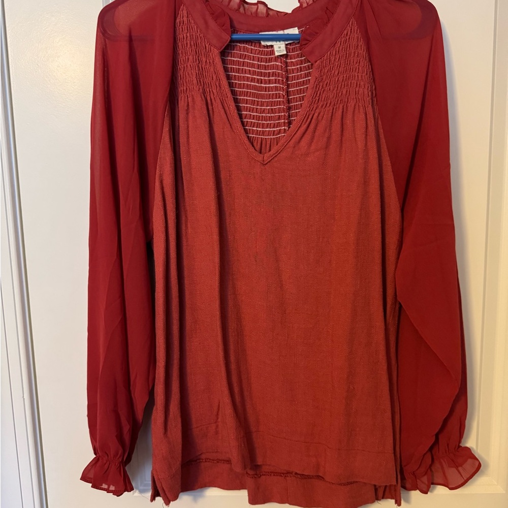Umgee Brown Smocked Blouse with Relaxed Sleeves